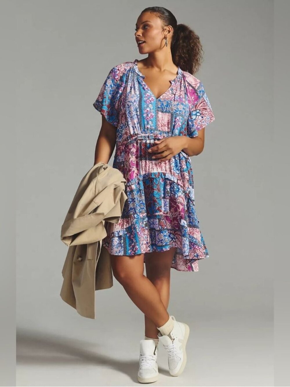 Anthropologie Robin Tiered Mini Dress Floral patchwork Size 2X Flowy Bohemian - Picture 1 of 13